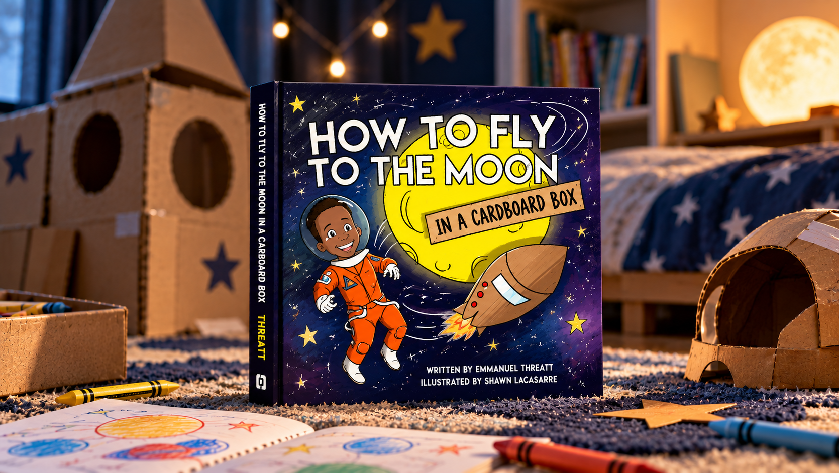 How to Fly to the Moon in a Cardboard Box by Emmanuel Threatt, picture book on a playroom rug with cardboard rockets and a moon lamp